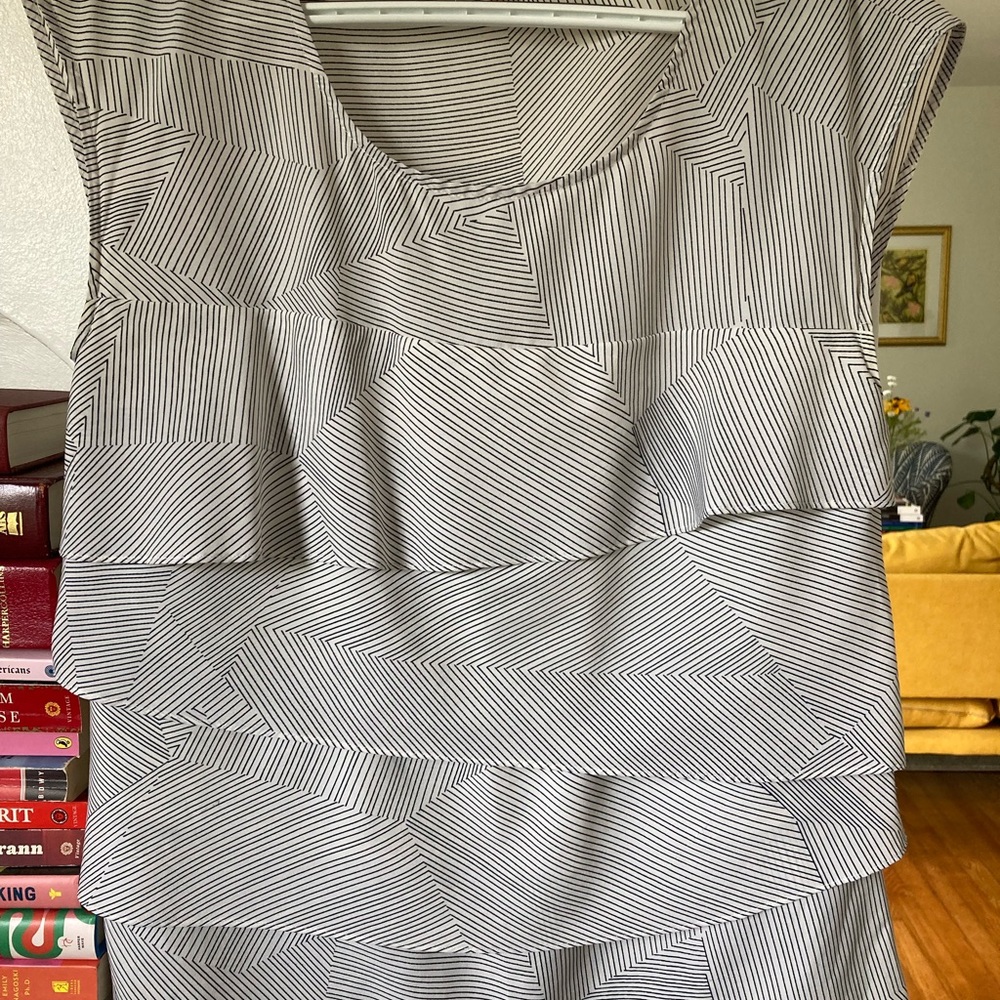 LOFT Black/White Tiered Sleeveless Blouse with Stripe Design
